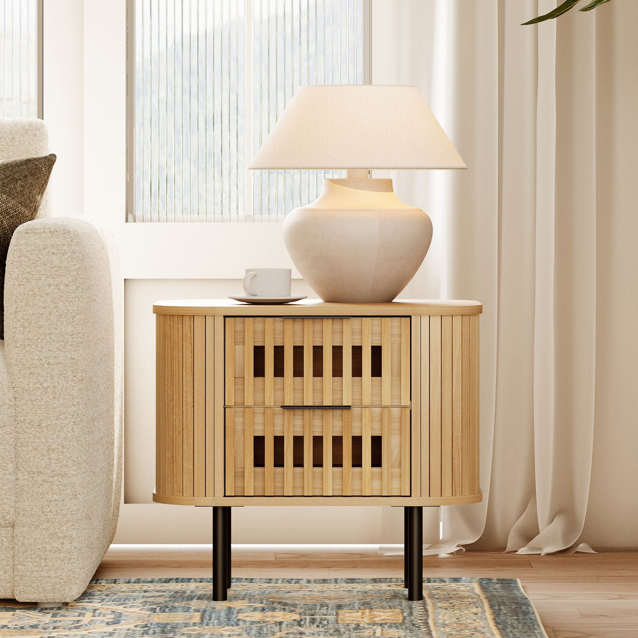 WAMPAT Fluted Nightstand for Bedroom, Small Side Table with 2 Drawers for Living Room, Oak