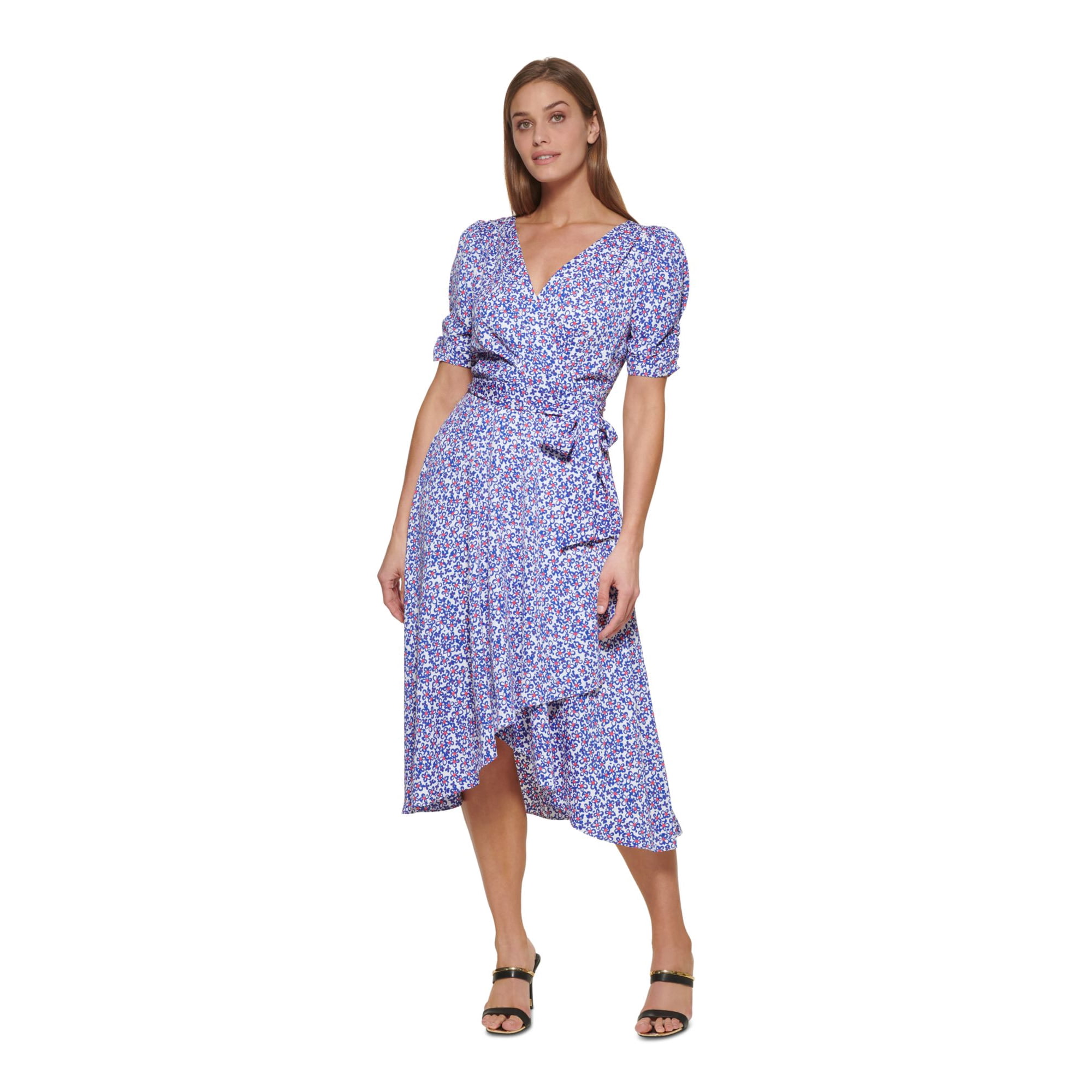 DKNY Womens White Pleated Ruched Tie Belt Lined Asymmetrical Floral Pouf Sleeve Surplice Neckline Midi Faux Wrap Dress Petites 8P