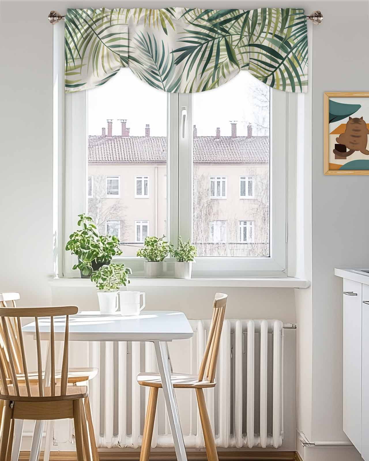 Tropical Plant Tie Up Valances Curtain, Adjustable Kitchen Green Leaf Valances for Windows Decor, Rod Pocket Short Curtains Set for Bedroom/Bathroom, 54"x18"