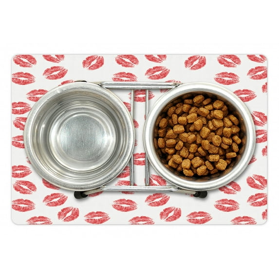 Feminine Pet Mat for Food and Water, Pattern of Lipstick Kiss Marks Woman Valentines Wedding Theme Illustration, Non-Slip Rubber Mat for Dogs and Cats, 18" X 12", by Ambesonne