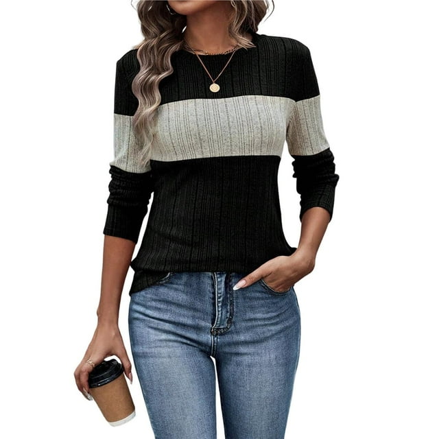Blusas de Larga con Bloques de Color para Mujer, Conjuntos de Otoño, Suéteres de Invierno y Moda de Principios de Otoño. Negro L