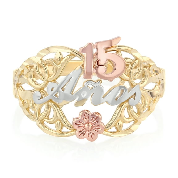 14K Solid Tri Color Gold Sweet 15 Anos 15 Years Birthday Quinceanera Flower Ring