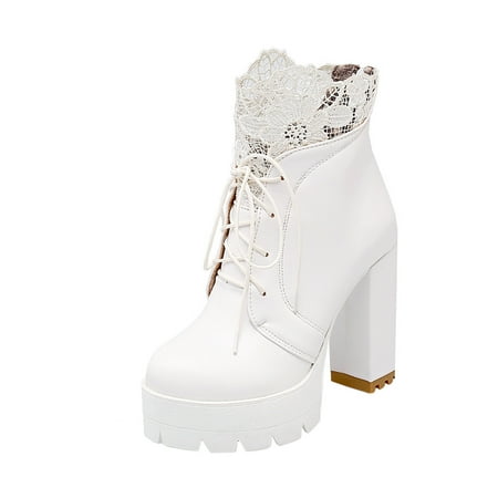 

Gzztg Women Shoes High-Heeled Short Boots Lace-Up Thick-Heeled Women S Lace Trim