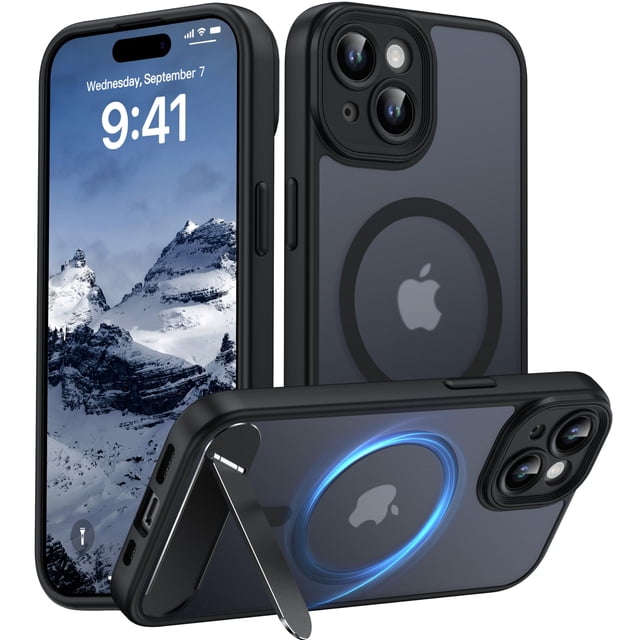 Funda AMILIFECASES para iPhone 15 de 6,1" con MagSafe y soporte, negra