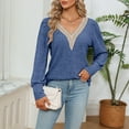 thumbnail image 6 of BLVB Womens V Neck Lace Crochet Fall Long Sleeve Tee Shirts Knit Ribbed Tops Fashion Clothes Tunics Blouses Dark Blue, 6 of 7