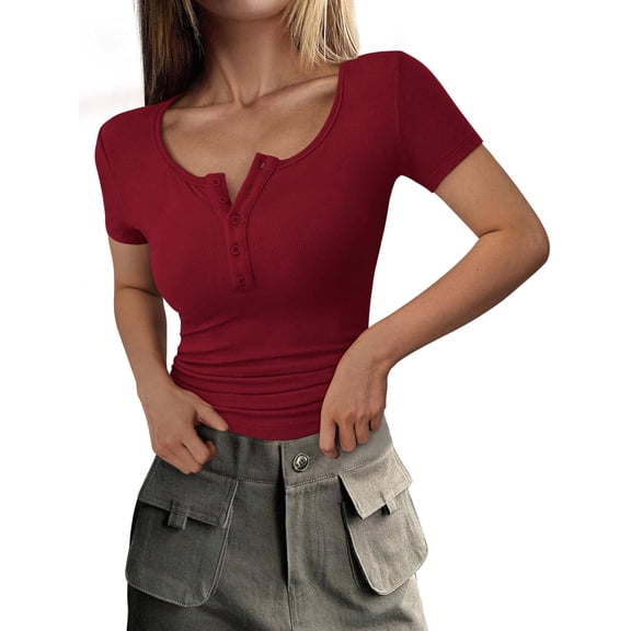 Dford Womens 2026 Summer Short Sleeve Tops Ribbed Henley Button Slim Fit Basic Casual T Shirts Blouse Fashion Clothing