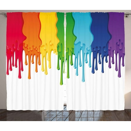 Abstract Curtains 2 Panels Set, Rainbow Colored Paint with Leaking Splattered Drops Creative Artsy Graphic Design, Window Drapes for Living Room Bedroom, 108W X 63L Inches, Multicolor, by