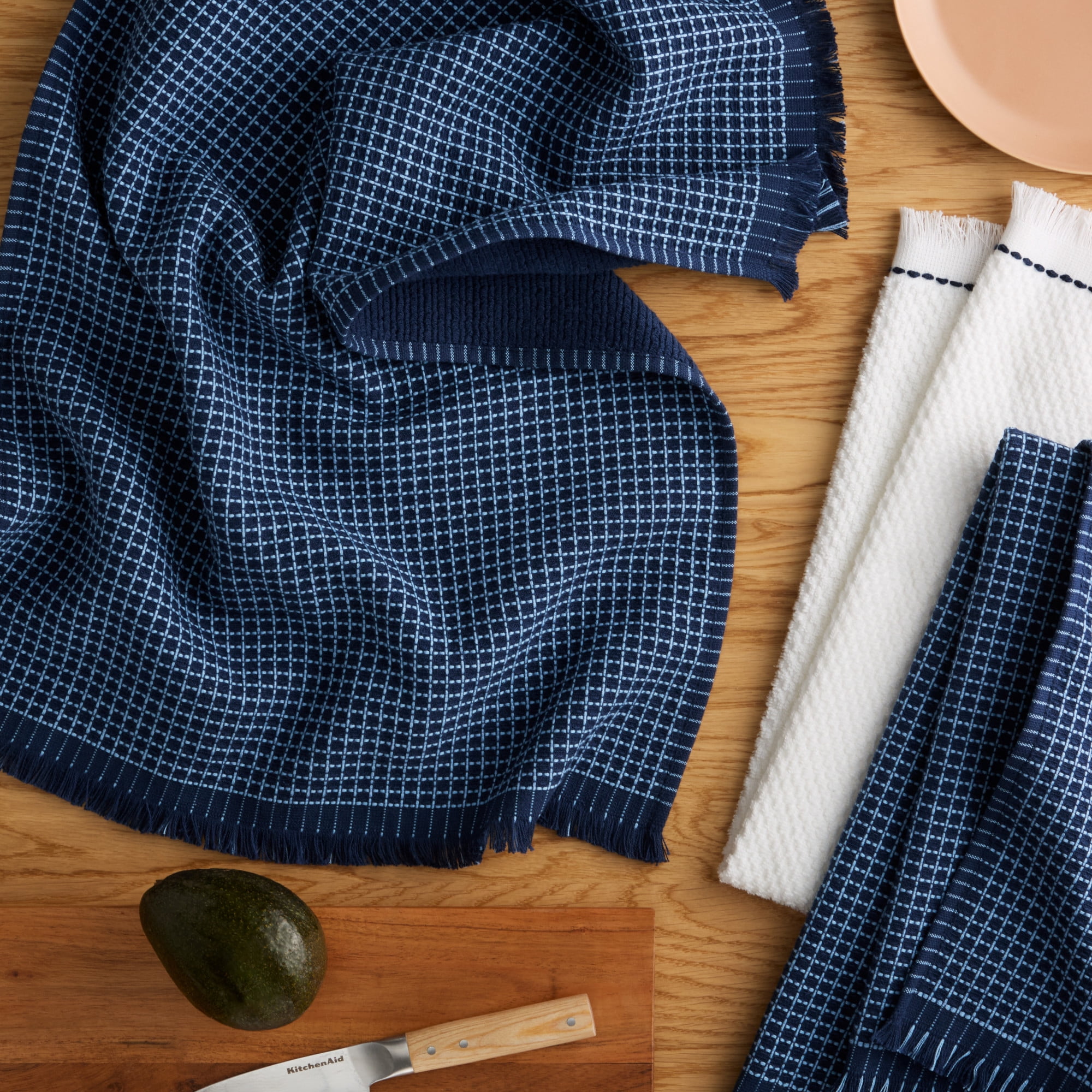 KITCHENAID Gourmet Series Gridlines Kitchen Towels 3-Pack Set, 100% Cotton Absorbent, Ink Blue, 18"x28"