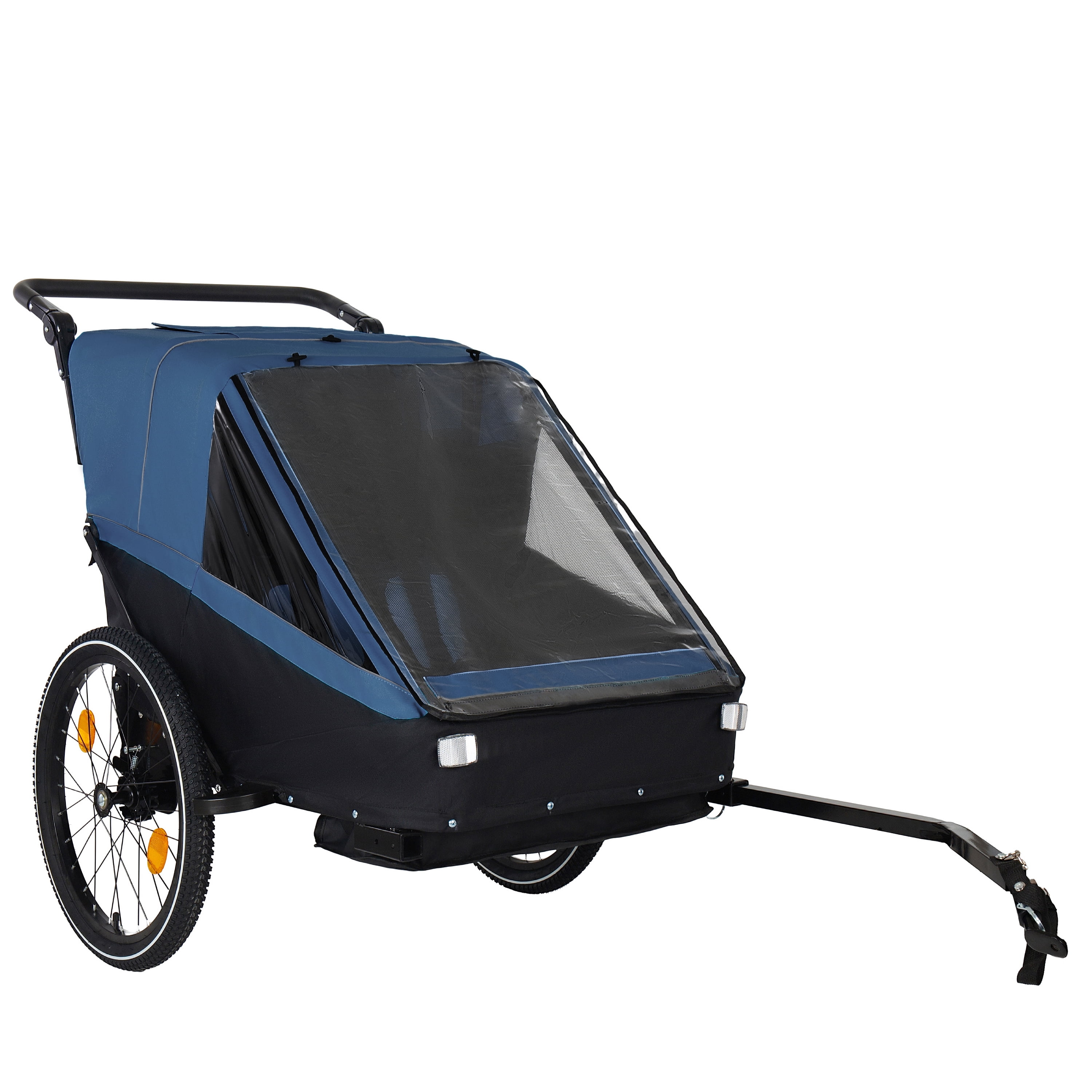 2 in 1 Kids Bike Trailer and Stroller for 1 to 2 Children, Jogging Function, Foldable Compact Storage with Universal Bike Hitch, 5-Point Harness and Storage Bags, Dark Blue