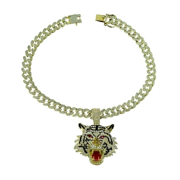 Fachoice Sparkling Tiger Head Pendant for Men Hip Hop Gold Tiger Head Cuban Necklace, Red Eyes Tiger Cuban Chain Necklace Roaring Tiger Cuban Link Necklace Men’s Wild Tiger Animal Jewelry
