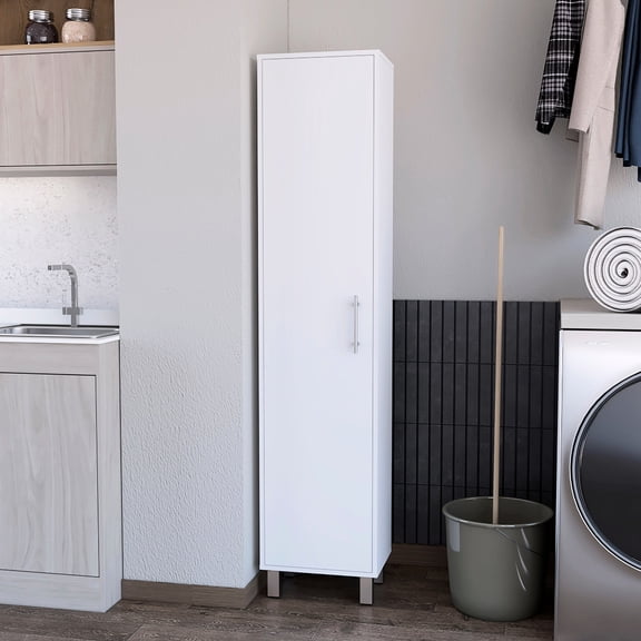 Tall White Storage Cabinet For Bedroom - 1 Door, 5 Shelves, Slim Design 1-door Profile, Shelves Efficient Use