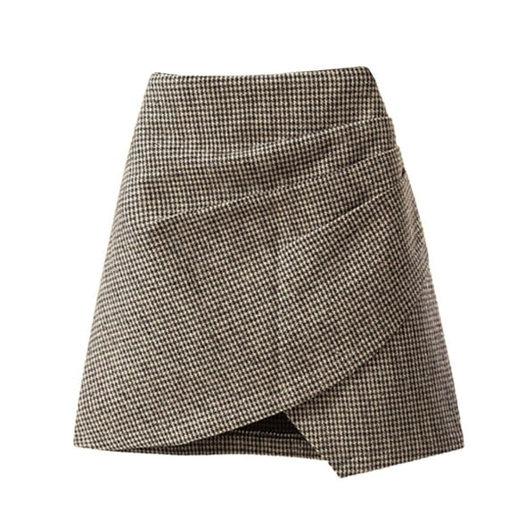 WTXUE Wrap Skirt, Woolen Short Skirt Houndstooth Bag Hip Skirt Autumn and Winter Waist Thin All Irregular A-Line Skirt, Khaki L
