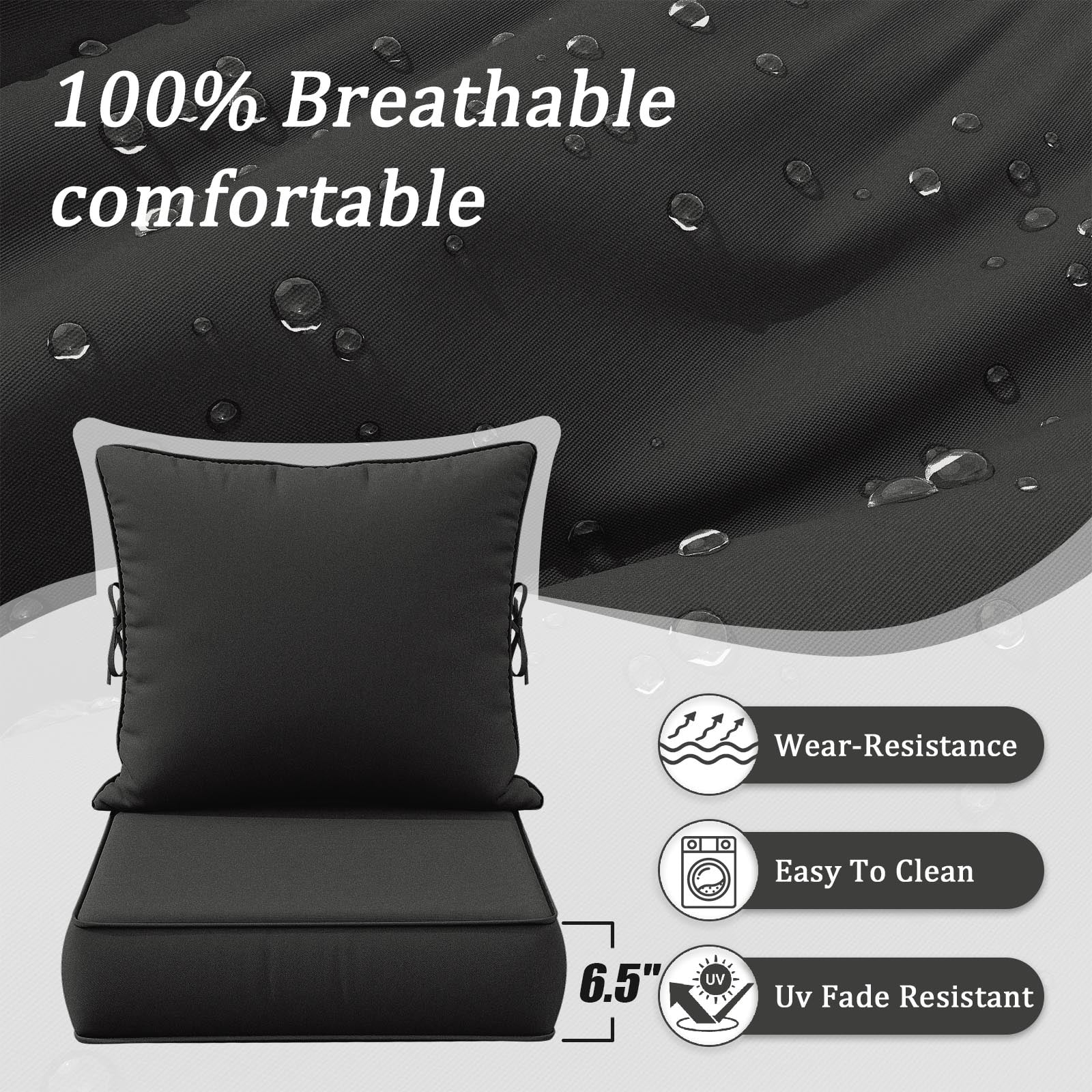 Snubbull Outdoor Deep Seat Cushion Set 24 X 24 X 6.5 Inch Splash-Proof & Fadeness Patio Furniture Cushions，Removable Outdoor Couch Cushions with Hidden Zipper & Adjustment Staps, Black