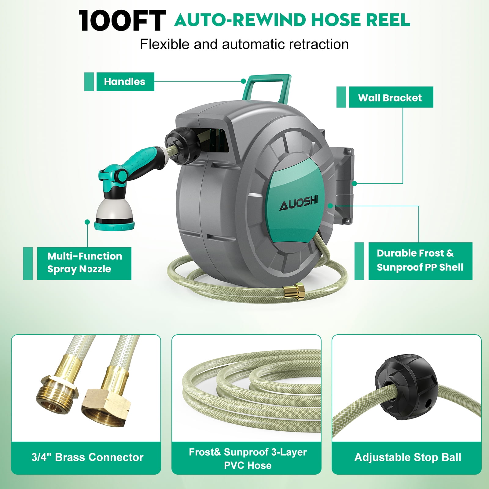 AUOSHI Retractable Garden Hose Reel 1/2 inch 100ft Automatic Hose Reel with 10 Function Sprayer Nozzle Wall Mount 180 Deg Swivel Bracket Hose Reel with Any Length Lock Slow Return System