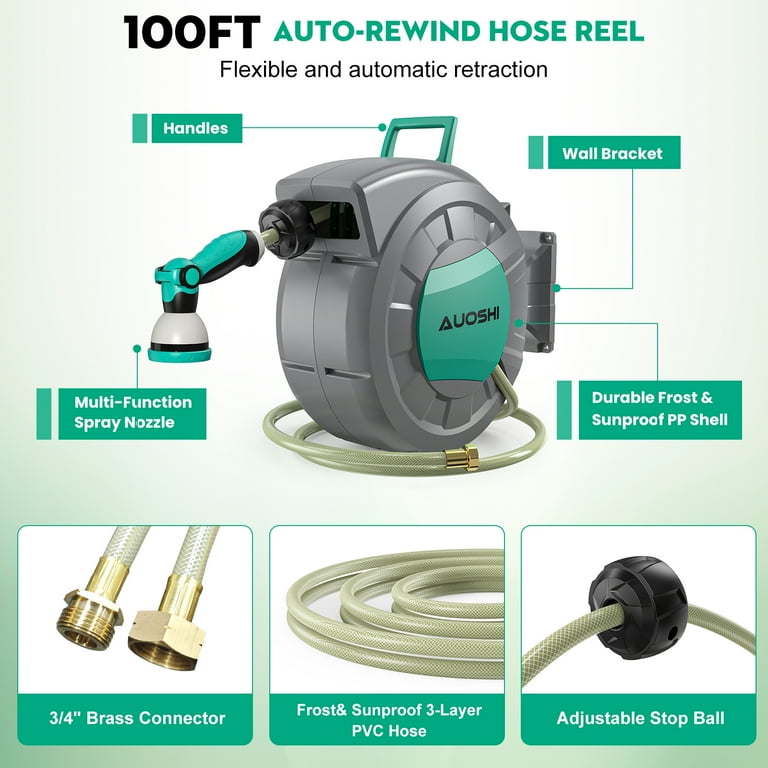 AUOSHI Retractable Garden Hose Reel 1/2 100ft Automatic Hose Reel with 10  Function Sprayer Nozzle Wall Mount 180 Deg Swivel Bracket Hose Reel with  Any Length Lock Slow Return System 