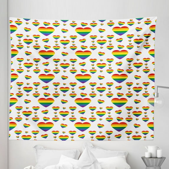 Rainbow Tapestry, Repetitive LGBT Diversity Rights Hearts Multicolored Illustration, Fabric Wall Hanging Decor for Bedroom Living Room Dorm, 5 Sizes, Yellow Blue and Orange, by Ambesonne