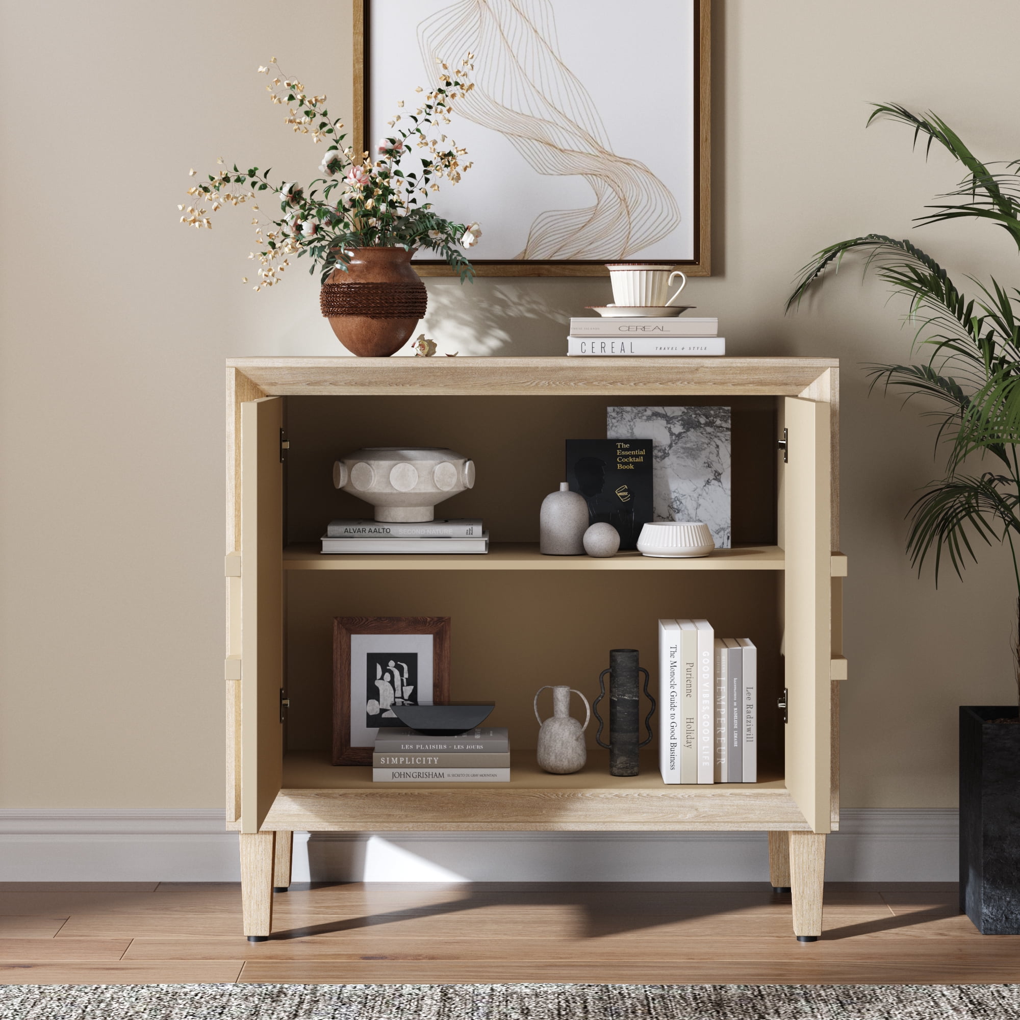 31.5" Antique Natural Mid-Century Modular Credenza Sideboard Buffet, Small Space Cabinet with Symmetrical Sunburst Doors, Accent Cabinet with Adjustable Shelves for Dining Room, Entryway & Hallway