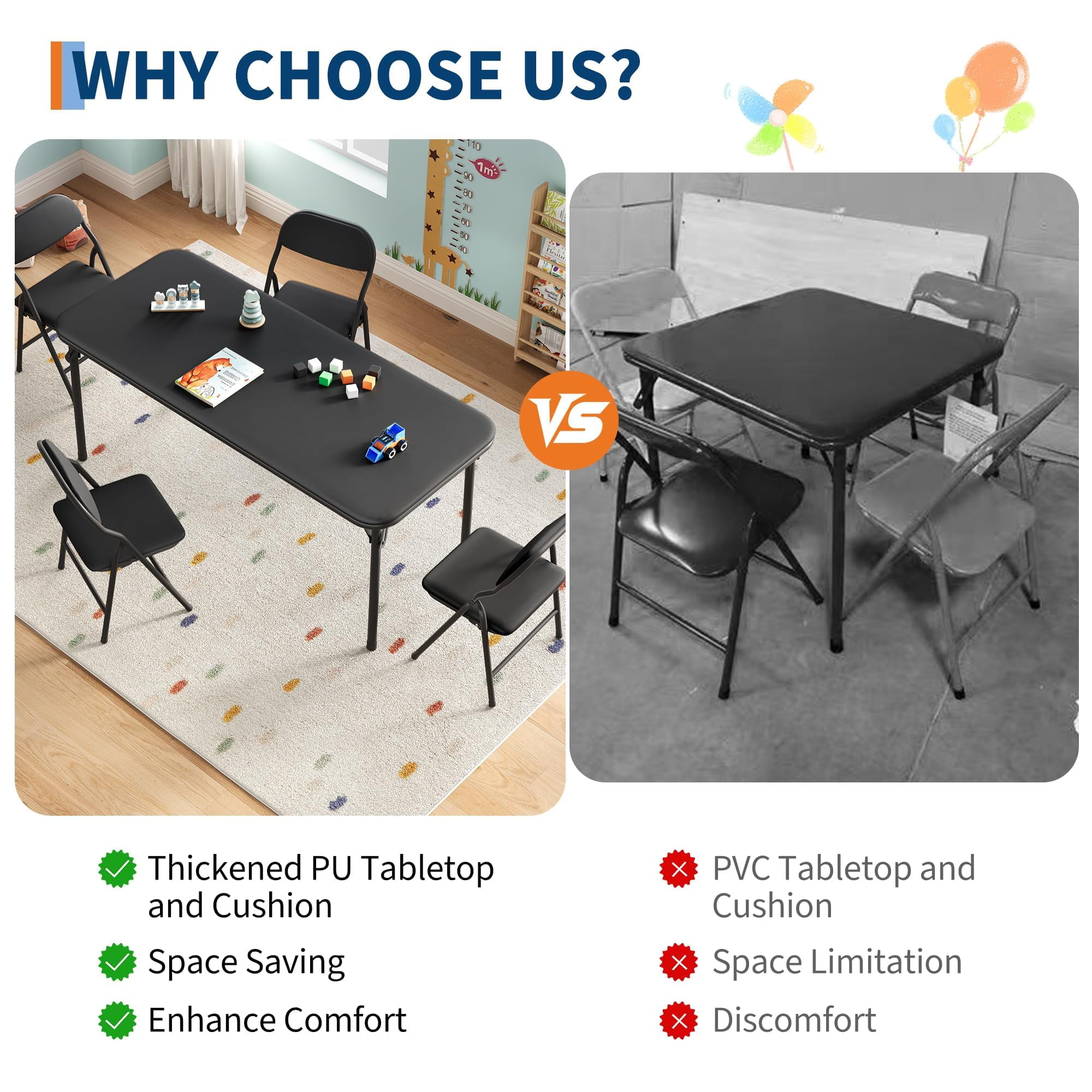 Ultra Soft PU Padded 1/5/7-Piece Kids Folding Table and Chairs Set – Durable Steel Frame, Anti-Slip Feet, No Assembly – Portable for Study, Dining, Learning Space, Play