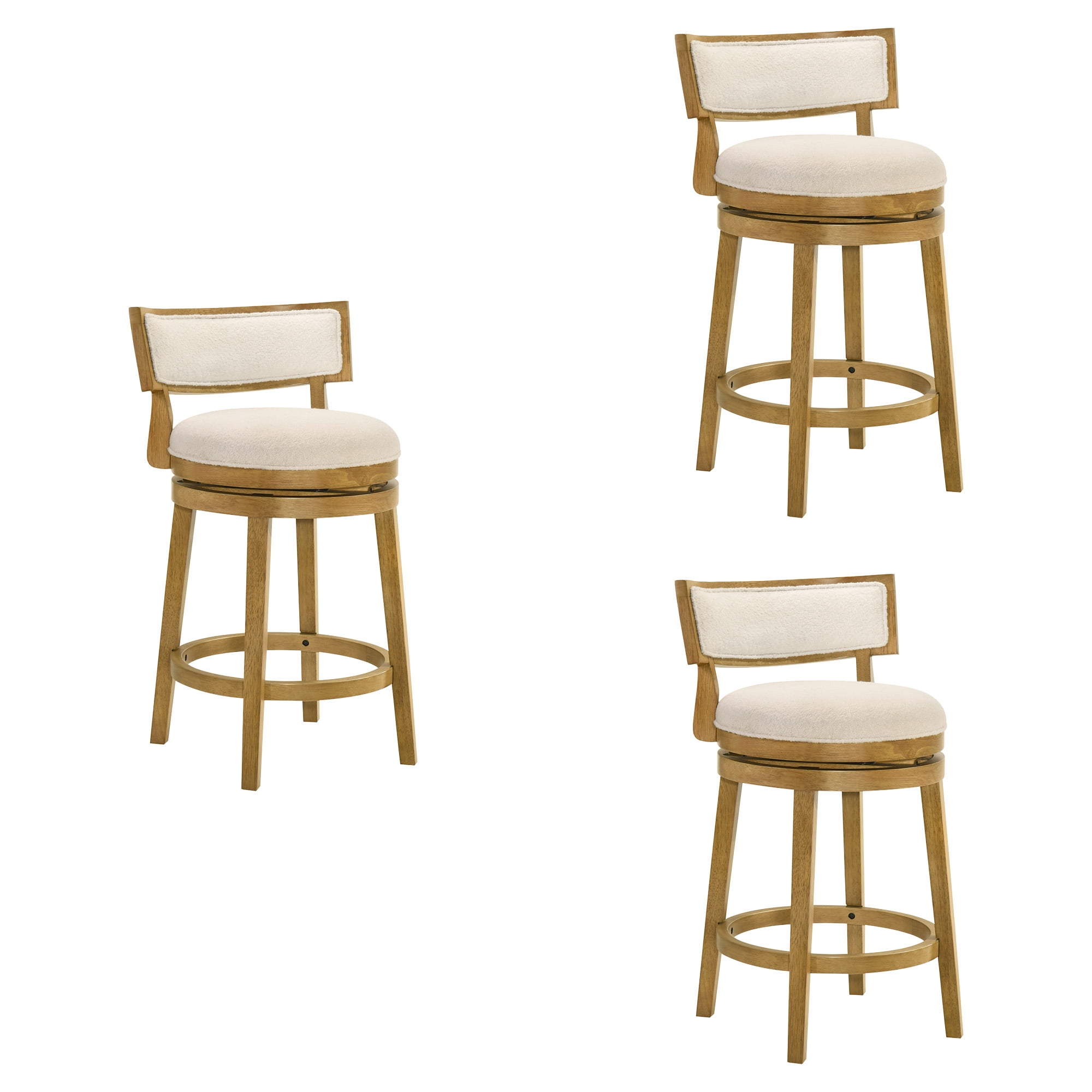 Noely Modern Farmhouse Swivel Wood Counter Height Kitchen Bar Stool in Amber Glow Finish with White Boucle Fabric Upholstered Seat - Set of 3