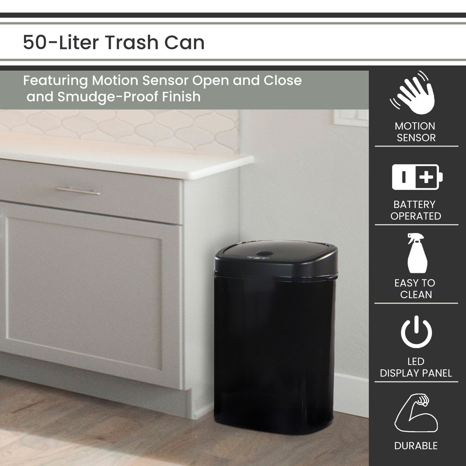 Hanover Hands Free Trash Can Garbage Bin, Fingerprint resistant, 50 Liter/13.2 Gallon