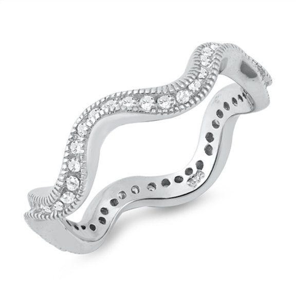 Clear Cubic Zirconia Ocean Wave Stackable Ring Sterling Silver Size 9