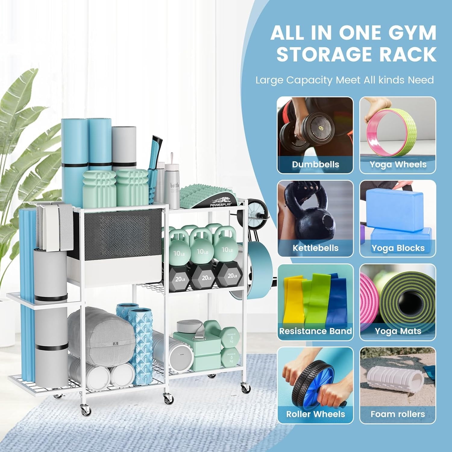 Home Gym Yoga Mat Storage Rack+Wheels, All-Purpose Fitness Weight Organizer for Yoga Gear Dumbbell Kettlebell Foam Roller & Workout Accessories