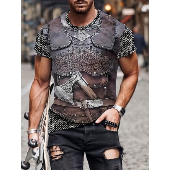 Men's Vintage Armor Print T-Shirt - Casual Street Style, Elastic Polyester, Crew Neck, Short Sleeve, Summer T-Shirt with Axe and Sword Design, Adult T-Shirt | Axe Stitching | Durable Fabric