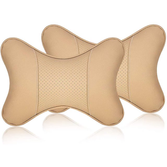 Dsstyles Almohada para cuello de coche, 2 piezas, almohada de viaje de cuero Pu para soporte de cuello para asiento de coche (beige) Feliz Sencillez