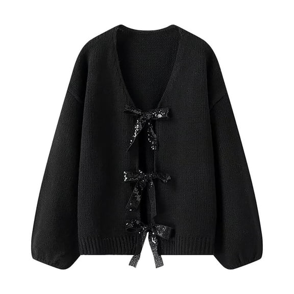 Bibifish Womens Cardigan Sweater Solid Knit Sequin Bow Front Cardigan Oversized Long Sleeve Soft Casual Daily Wear Sparkly Cardigan
