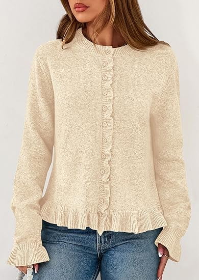 Womens Fall Button Down Cardigans Chunky Knit Ruffle Open Front Cropped Cardigan Sweaters Soft Long Sleeve Tops - image 2