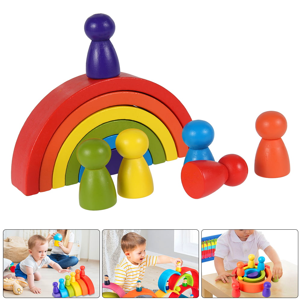 Rainbow Balls & Peg Dolls Wood Building Bricks Toy Accessories for Children 