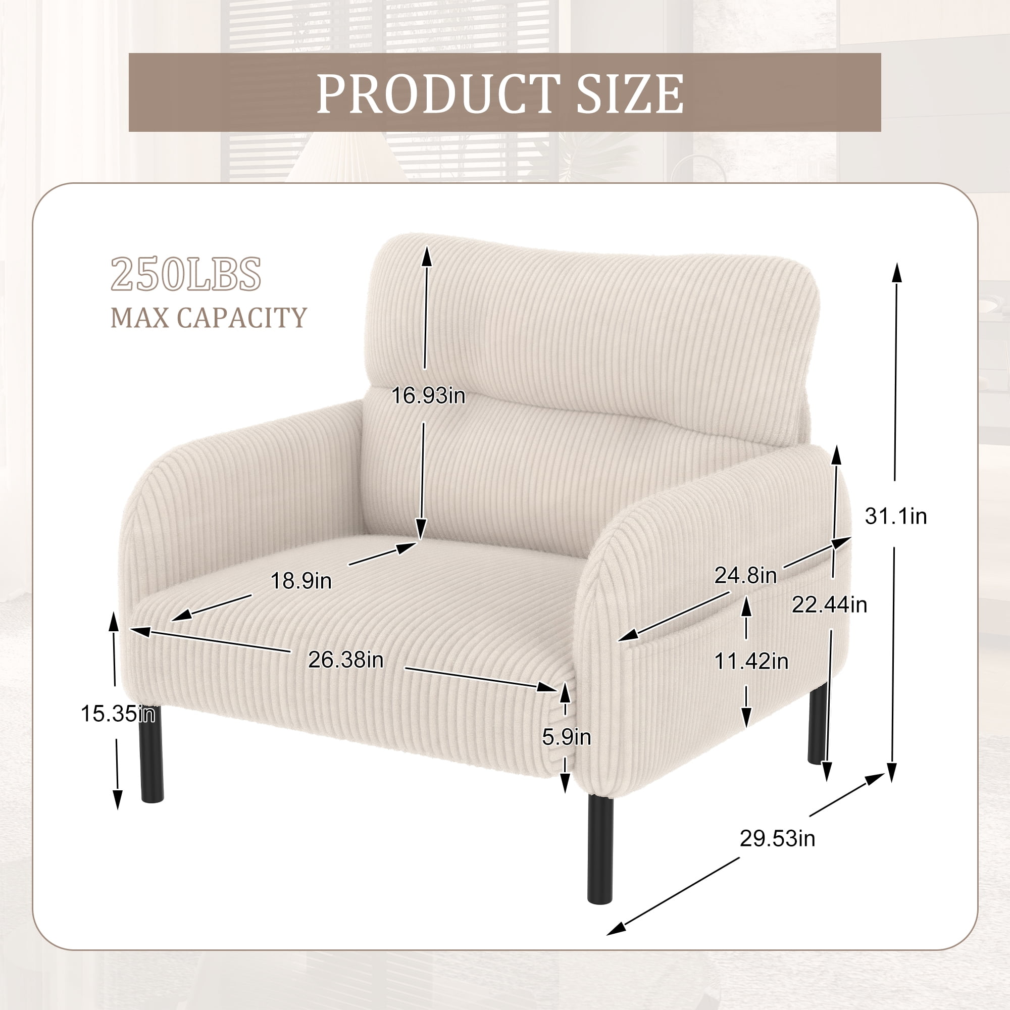 MOONMISS Corduroy Upholstered Comfortable Single Wood Frame Armchair for Living room and Bedroom-Beige