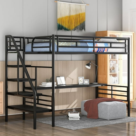Kacho Loft Bed with Desk, Metal Loft Bed for Adults, Heavy Duty Loft Bed with Safety Full-Length Guardrails and 4 Step Stairs, Extra Storage Space, No Box Spring Needed, Easy Assembly, Black