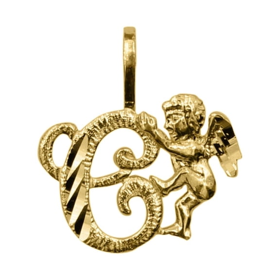 Precious Stars 14K Yellow Gold Cherub and Cursive Initial Letter 'C' Pendant - No Chain, Pendant Only