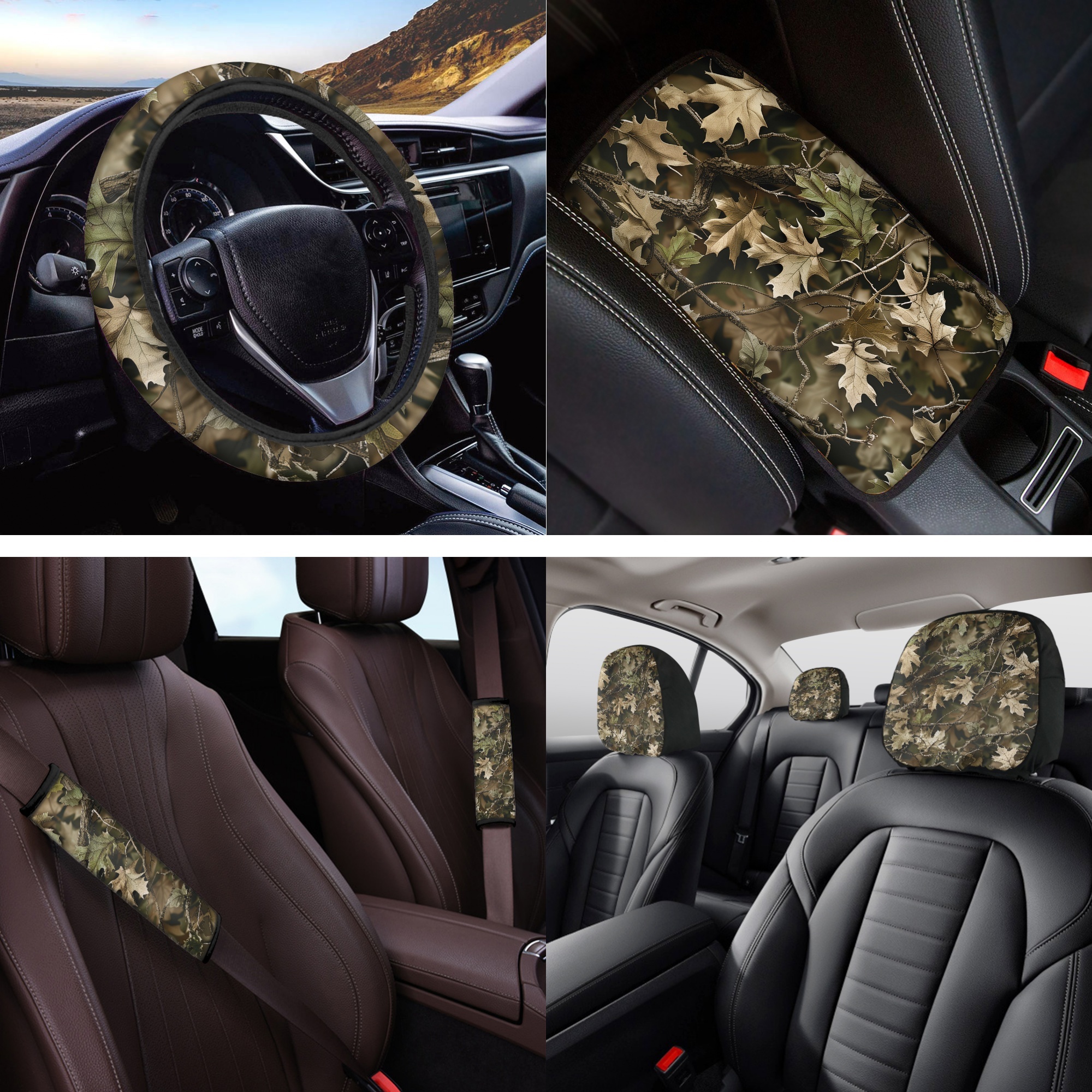 Jeiento Camo Oak 14 PCS Car Seat Covers and Steering Wheel Cover Seatbelt Strap Pad Armrest Cover Pad Hunting Wood Headrest Cover Cup Coasters Key Ring Auto Accessory Sets Interior Decor
