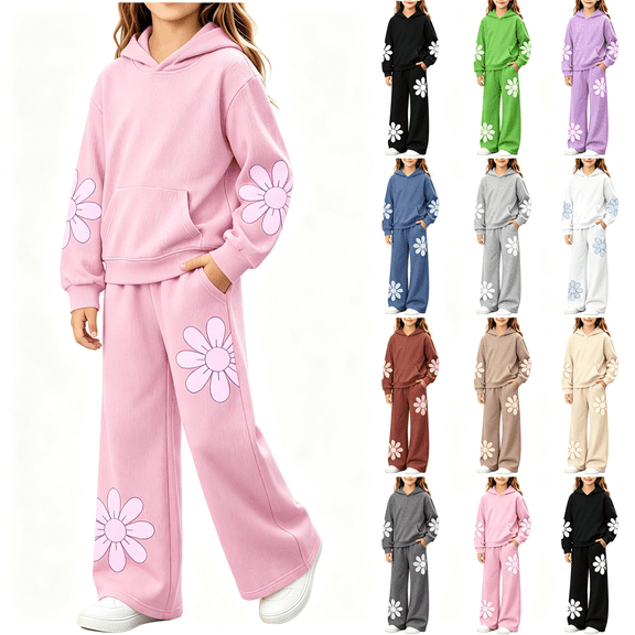 FSYBOA Girls Outfit Set Size 10-12, Casual 2 Piece Kids Printed Hoodies and Sweatpants Pink
