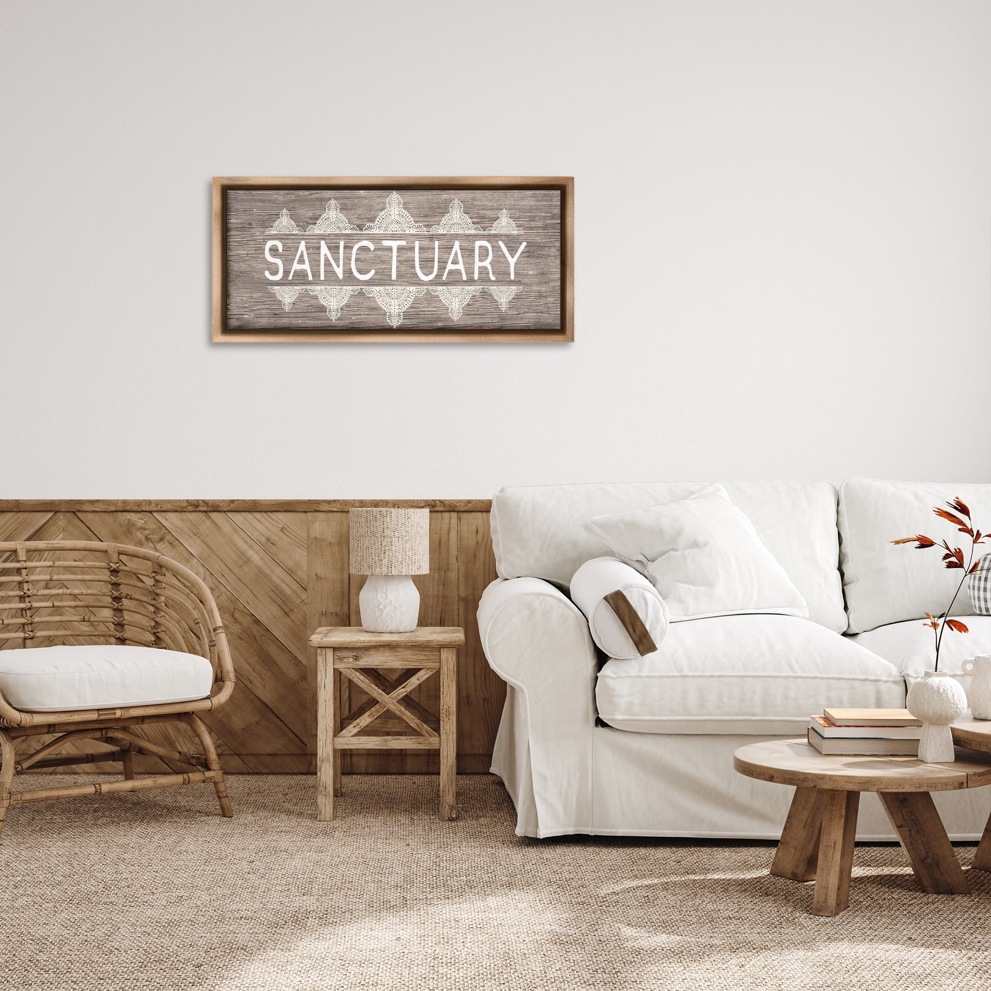 Stupell Industries Sanctuary with Paisley Pattern Typography Painting Brown Floater Framed Canvas Art Print Wall Art, 31 x 14