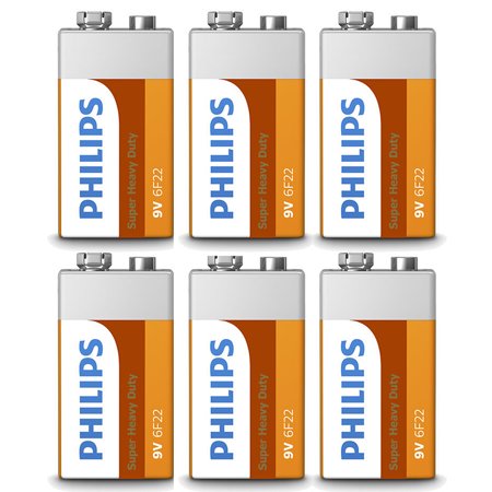 6 Pc Batteries Philips 9V 9 Volt Super Heavy Duty Battery 6F22 Made Usa Exp