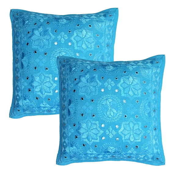 Stylo Culture Indian Decorative Throw Pillow Covers 16 x 16 Embroidered Turquoise Bohemian 40x40 cm Bed Room Cotton Mirrored Square Cushion Covers | Set Of 2