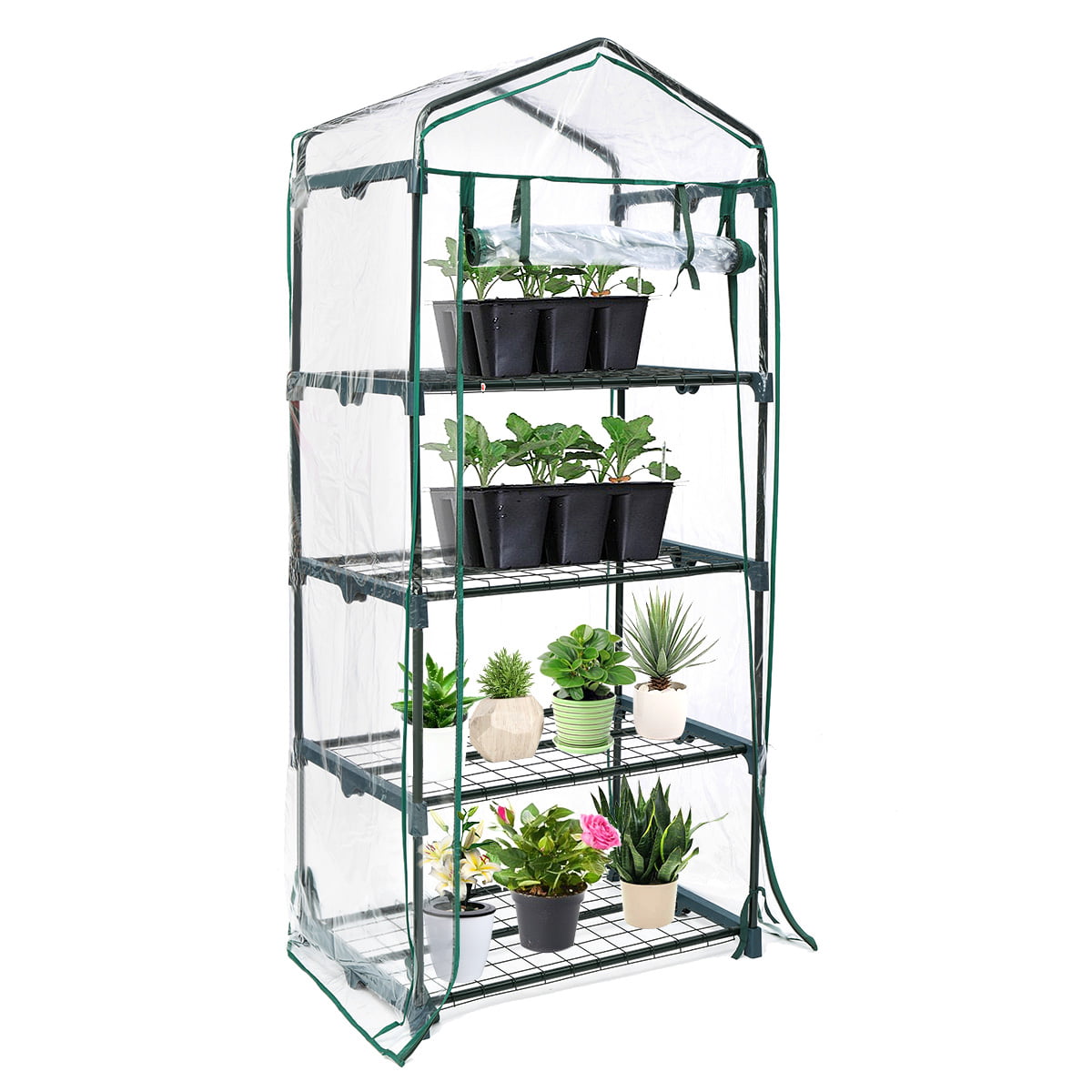 BonusAll 4 Tier Mini Greenhouse Green Outdoor Indoor Shelf Portable Garden with Lid Wheel and PVC Transparent Greenhouse Plant Flower Growth Tent Zipper Rolled 