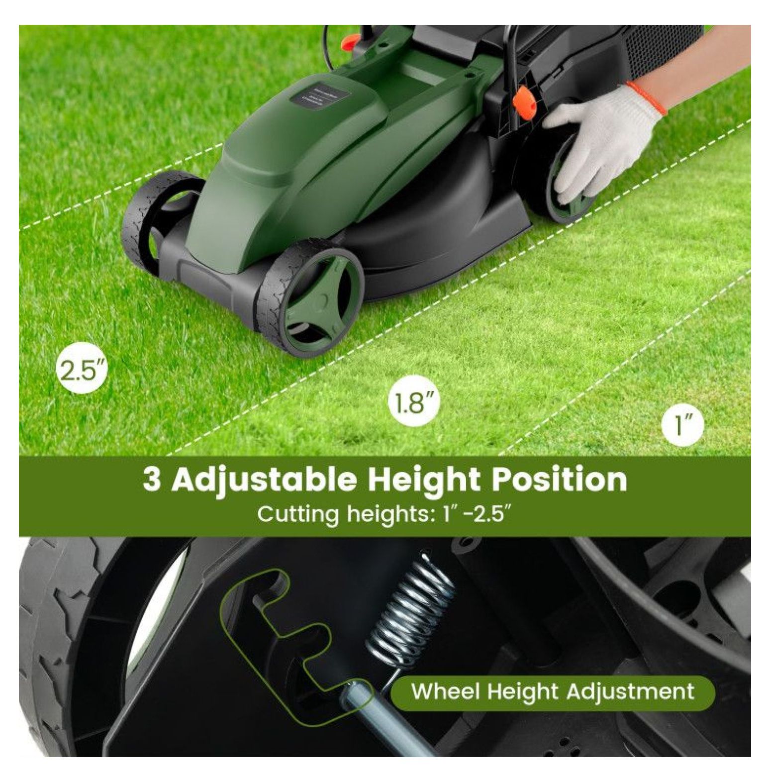 Electric Lawn Mower 13.5 Inch, 15A Corded Mower with 9 Gal Collection Box, 3-Position Height Adjustment, Foldable Handle, Lightweight Lawn Mower