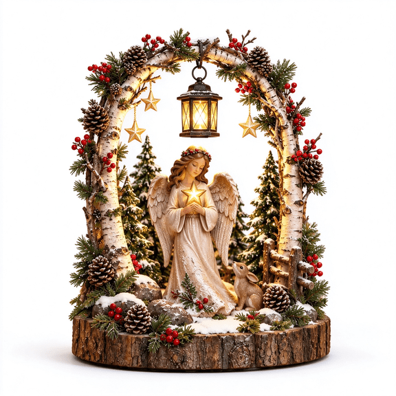 Birch Arch Christmas Tabletop Lantern Decor Angel Figurine Tabletop Decor with Pinecone and Berry Details, for Christmas Table Centerpieces and Holiday Home Displays