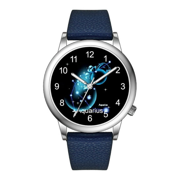 Fashion Watch Constellation dials 36mm Alloy Case Japanese PC21J Quartz Movement Synthetic Leather Watch(AQUARIUS/BLUE)