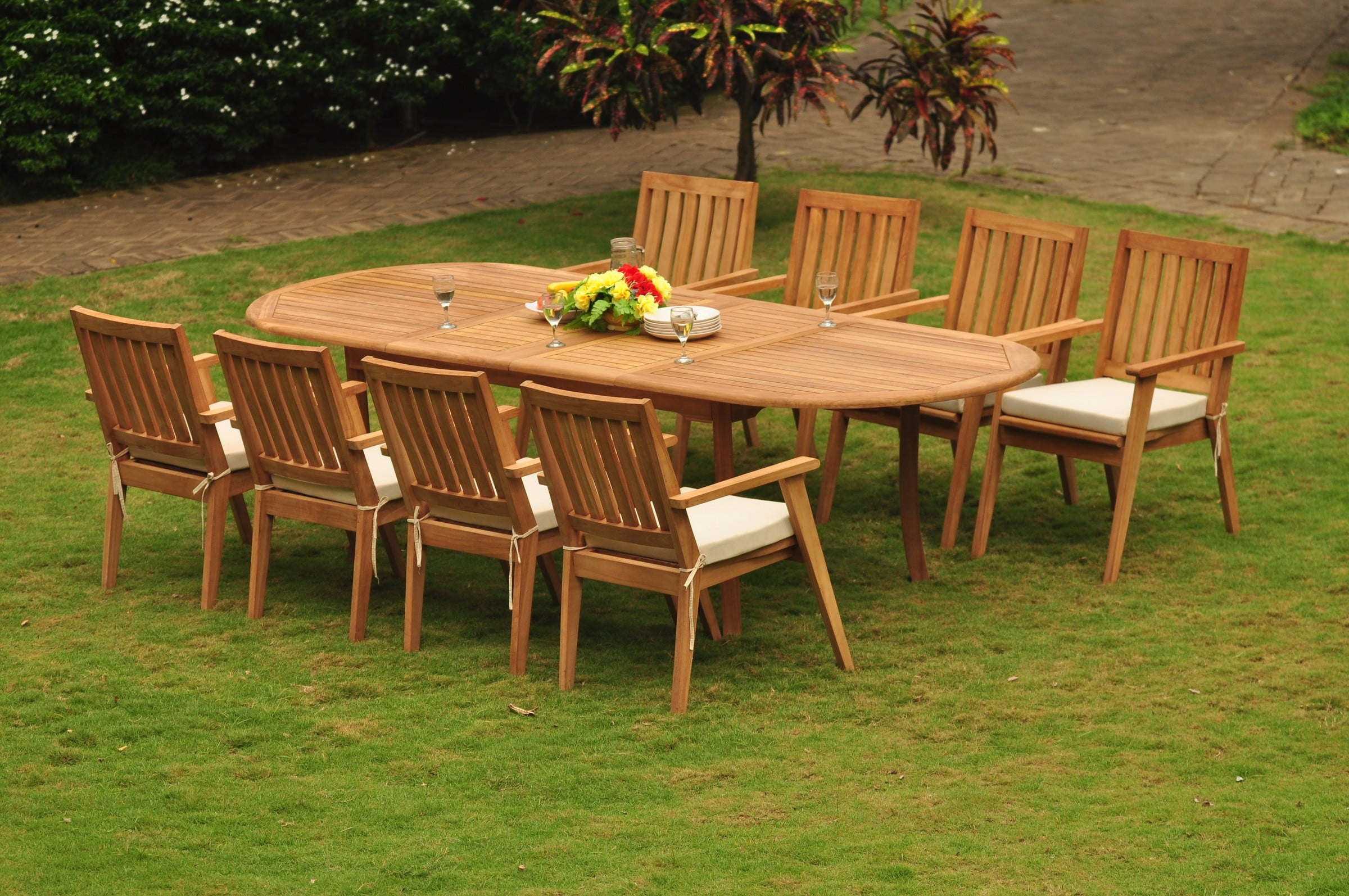 Teak Dining Set 10 Seater 11 Pc 117 Double Extensions Oval Table Palmer Stacking Arm Captain Chairs Outdoor Patio Grade A Wood