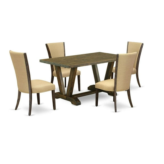 East West Furniture V776VE703-5 5Pc Dining Table Set Contains a Wood Dining Table and 4 Upholstered Dining Chairs with Brown Color Linen Fabric, Medium Size Table with Full Back Chairs, Distressed...