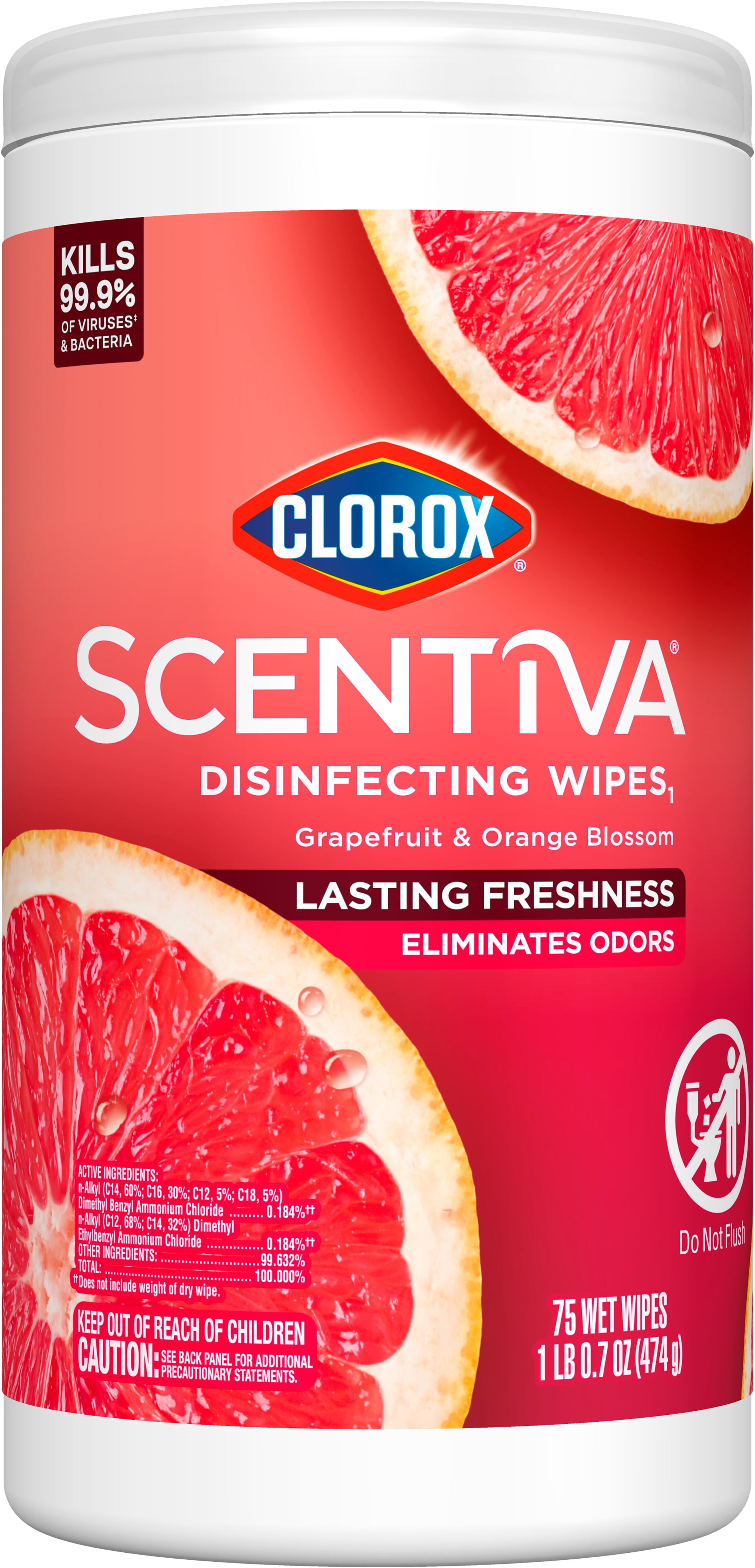 (3 pack) Clorox Scentiva Bleach-Free Cleaning Wipes, Grapefruit & Orange Blossom, 75 Count