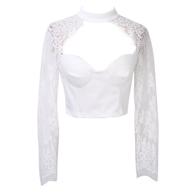 Mialoley Femmes Sexy Dentelle Patchwork Tops à Manches Longues Push Up Transparent Crop Tops