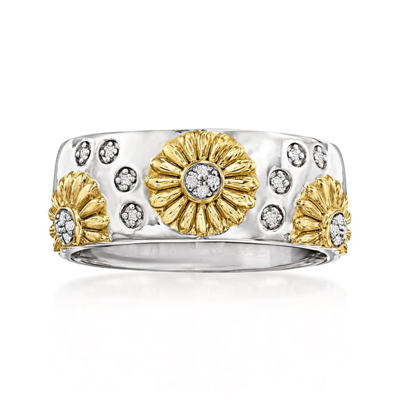 Ross-Simons Diamond Sunflower Ring in Sterling Silver and 18kt Gold Over Sterling, Women's, Adult