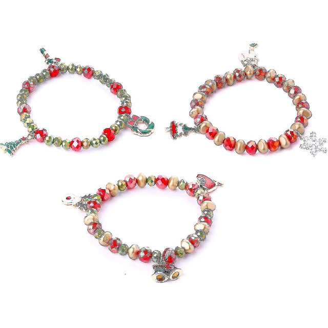Juego de 2 pulseras con dijes navideños para mujer y niña, pulsera de cuentas elásticas navideñas, muñeco de nieve, copo de nieve, ciervo, Papá Noel, árbol de Navidad