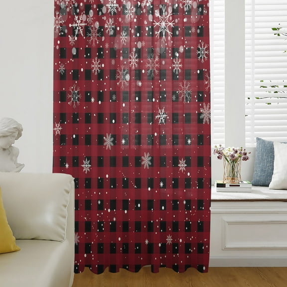 Red Black Plaid Christmas Snowflake Semi Sheer Curtains Drapes for Living Room,Bedroom,French Doors Window 54 Inches Long,Winter Snowflake Xmas Rod Pocket Chiffon Curtain Drapery Voile Drape Panel